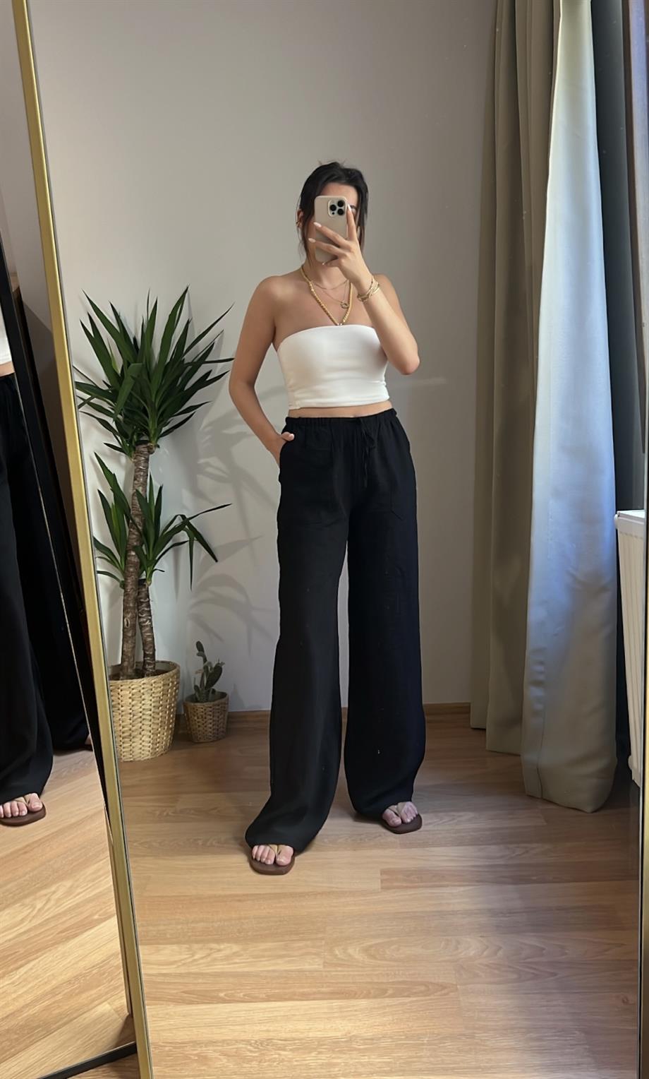 Siyah Beli Lastikli Bol Paça Krinkıl Pantolon