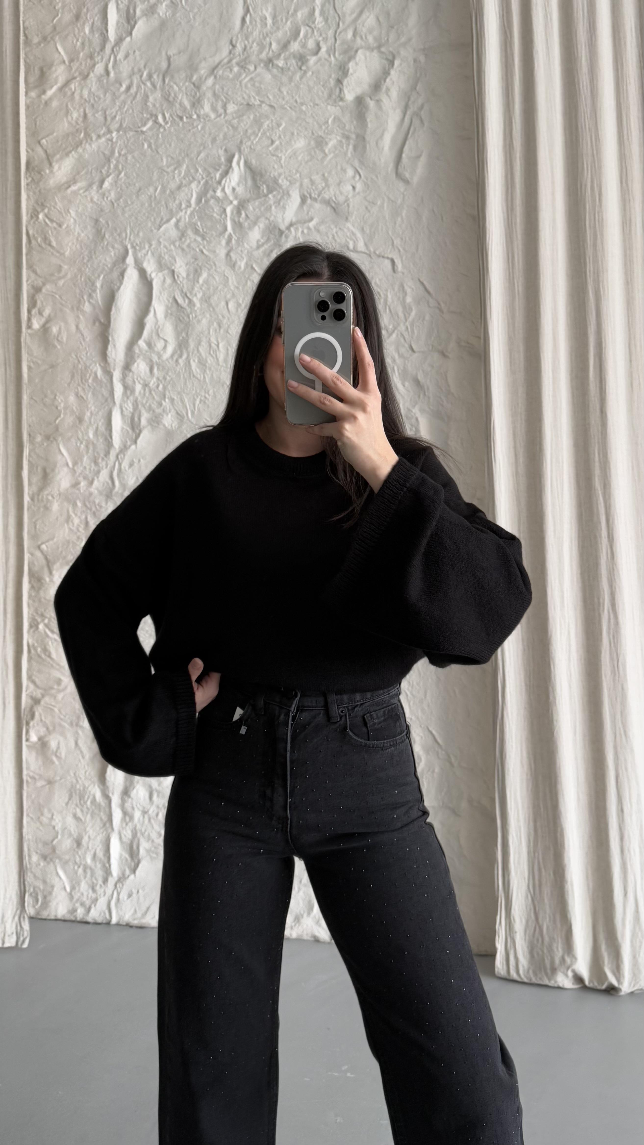 Siyah Bisiklet Yaka Oversize Triko Kazak