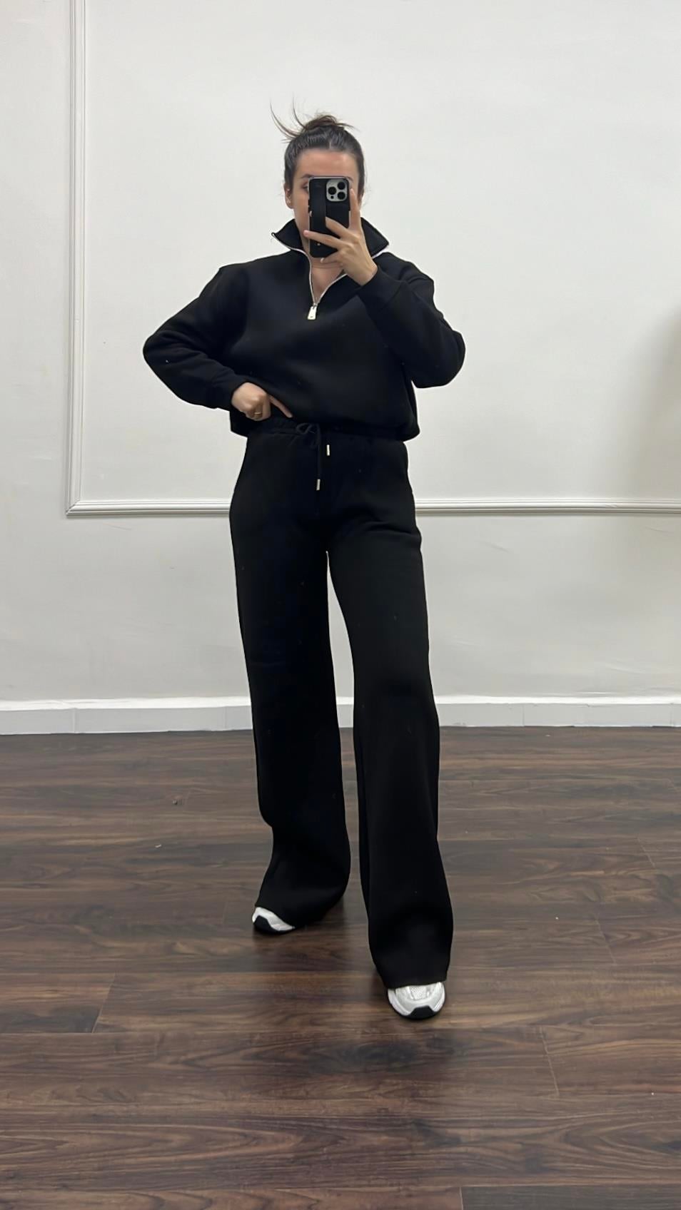 Siyah Dik Yaka Sweatshirt Palazzo Pamuklu Takım