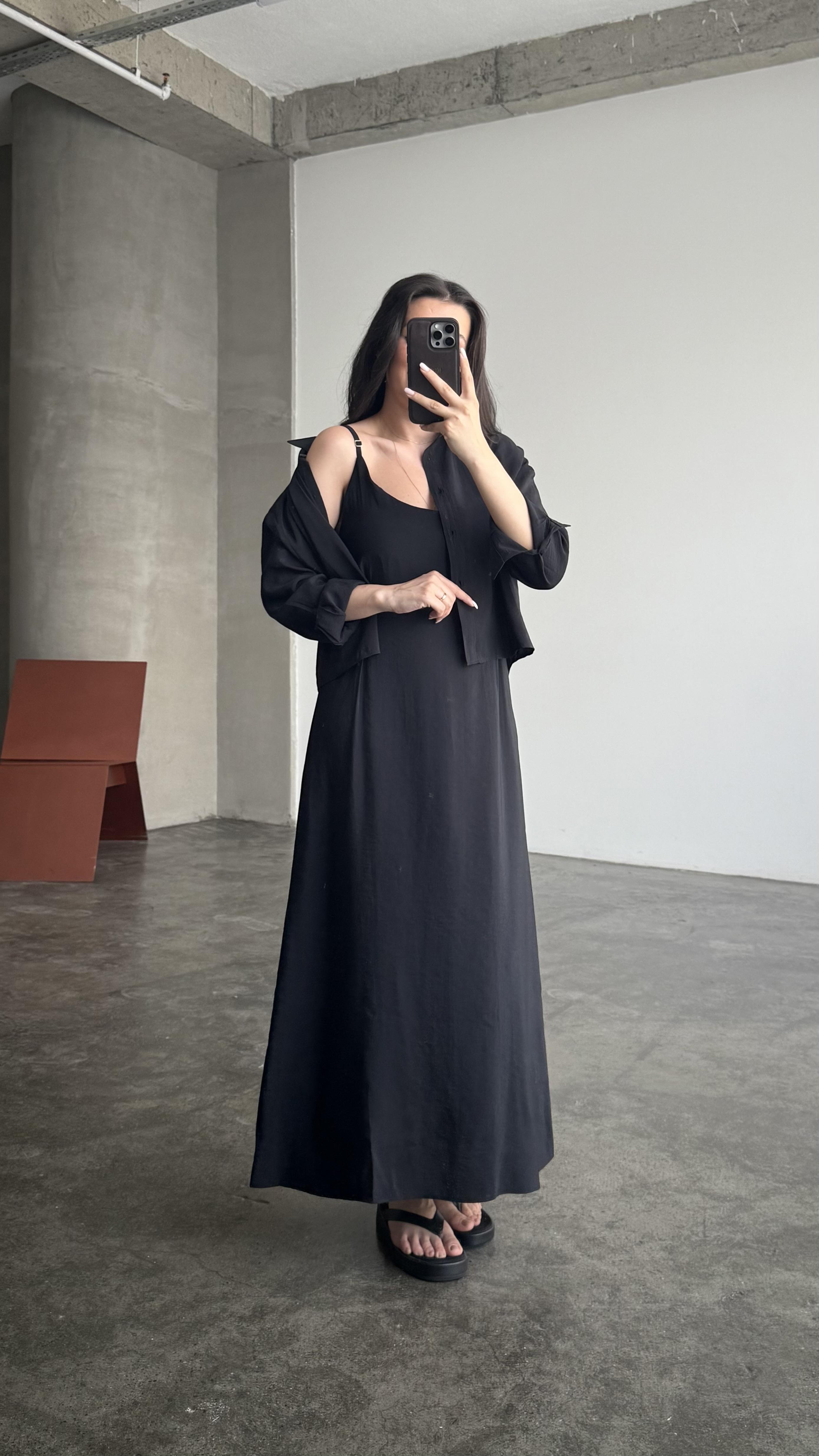 Siyah Gömlekli İp Askılı Elbise Tensel Takım