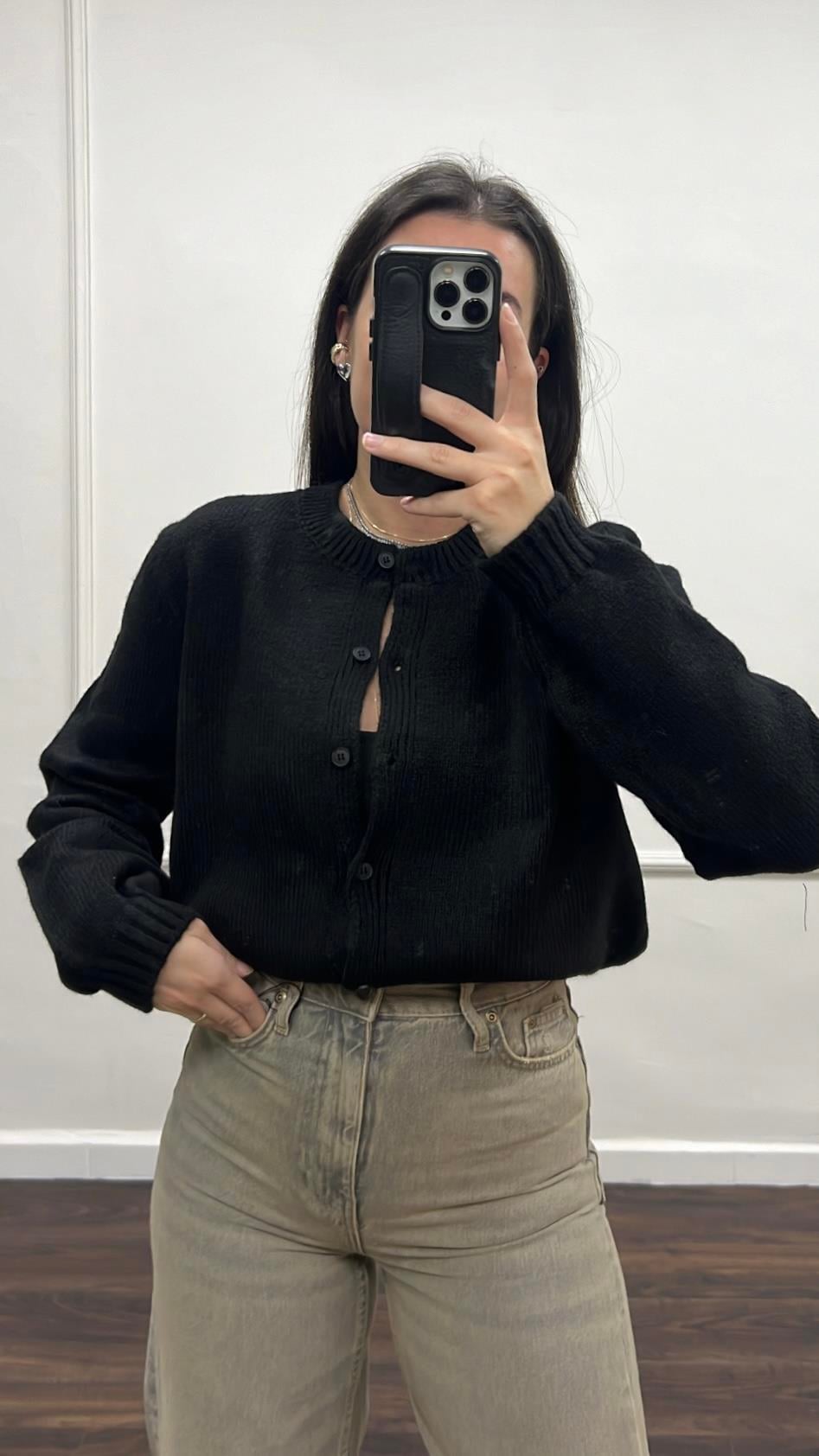 Siyah Mini Düğme Detaylı Basıc Hırka