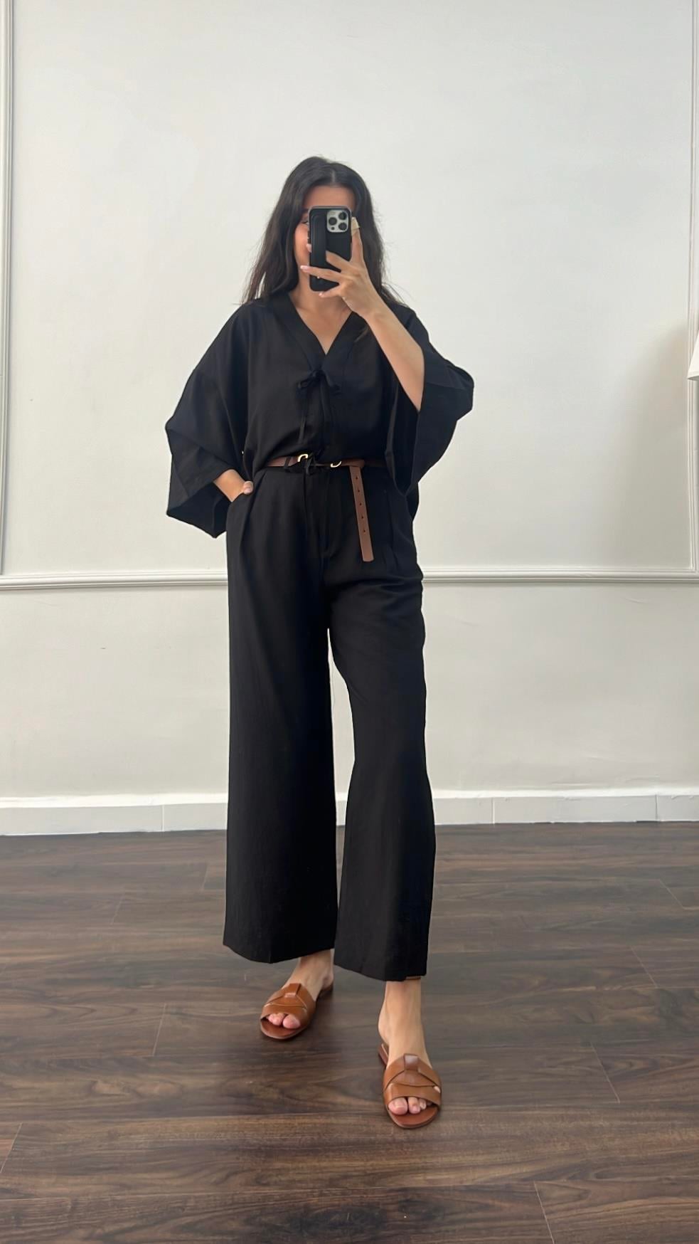 Siyah Premium Bağlamalı Kimono Pantolon Takım