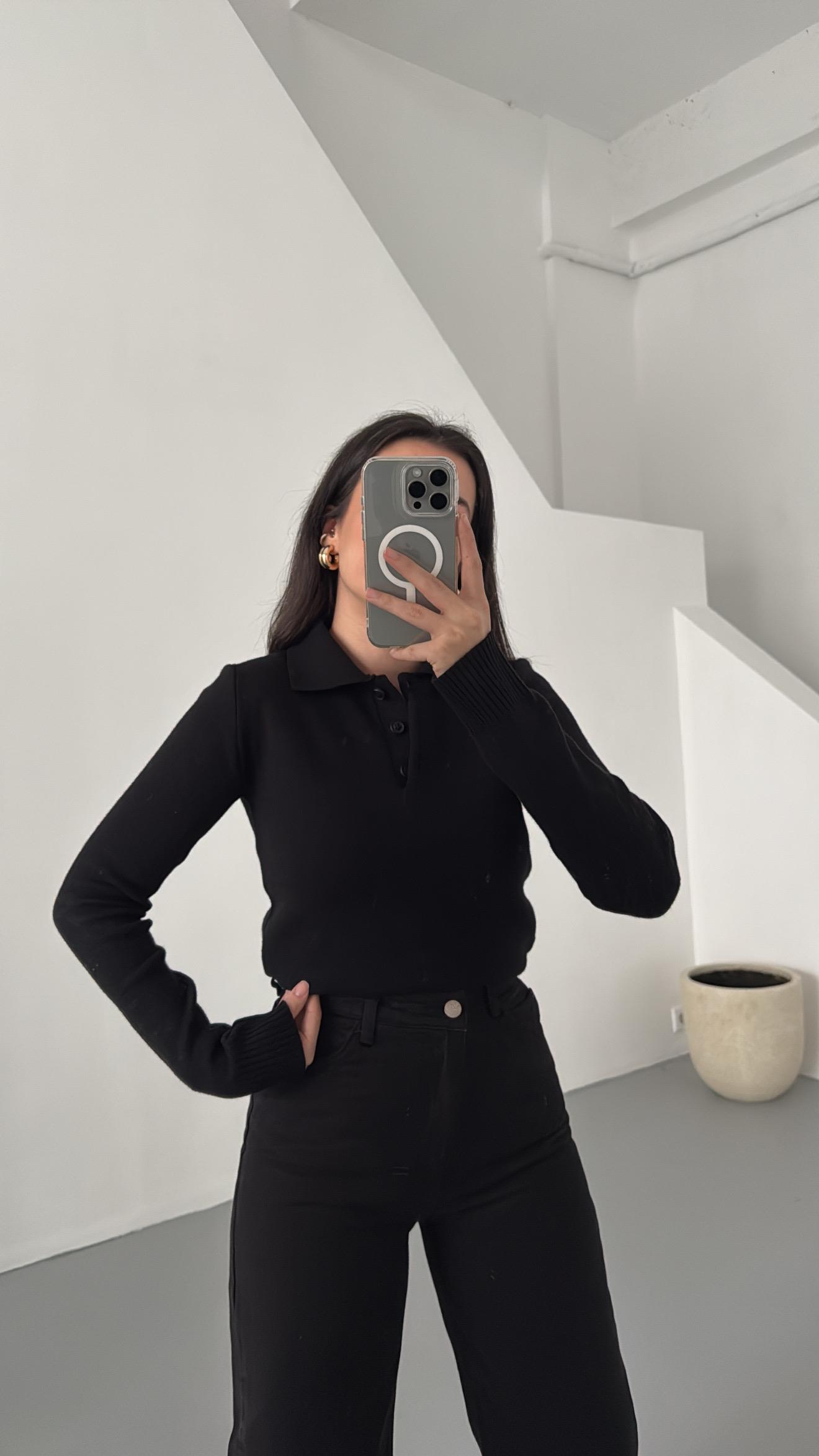 Siyah Premium Polo Yaka Kazak