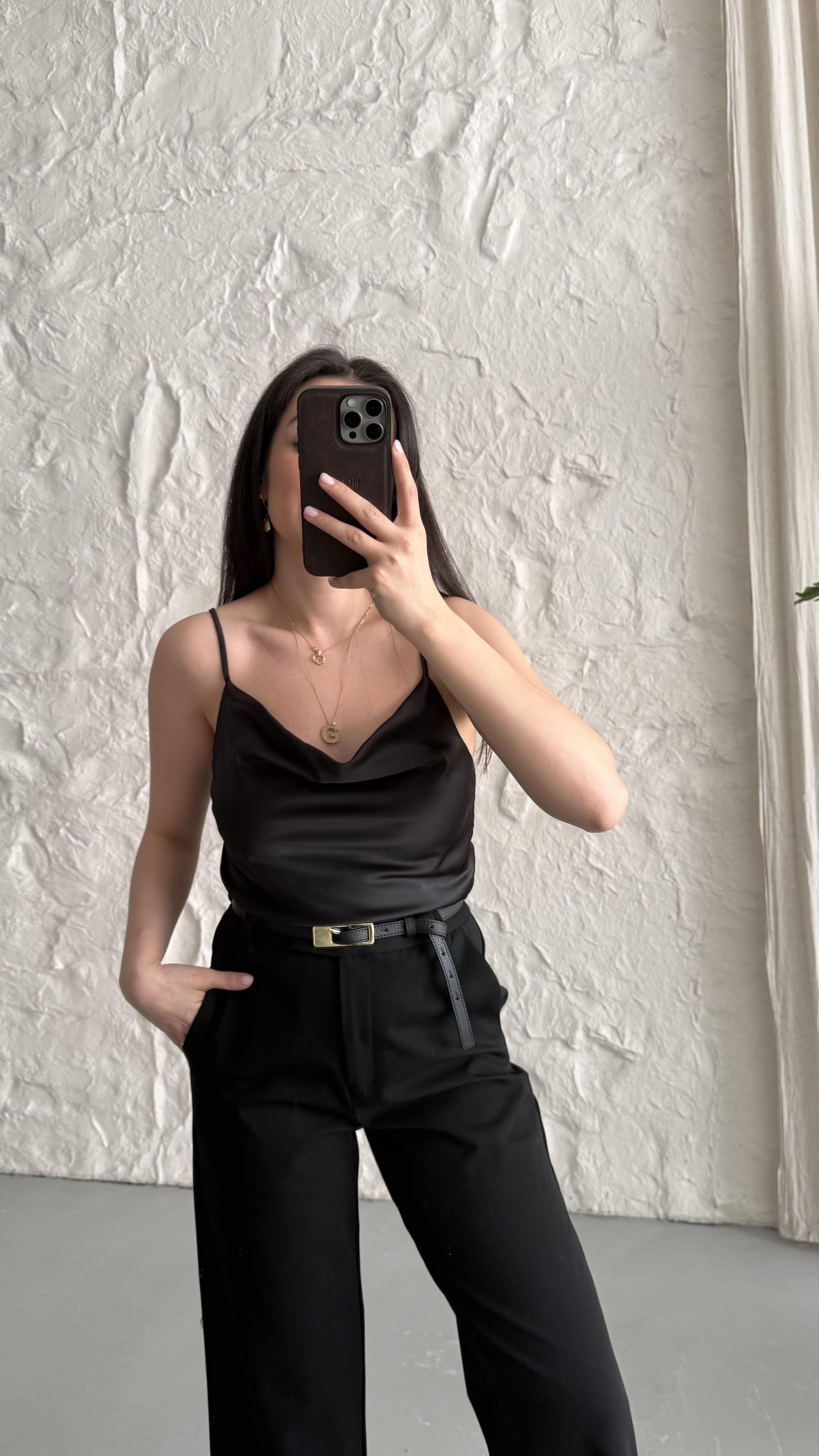 Siyah Saten İp Askılı Bluz