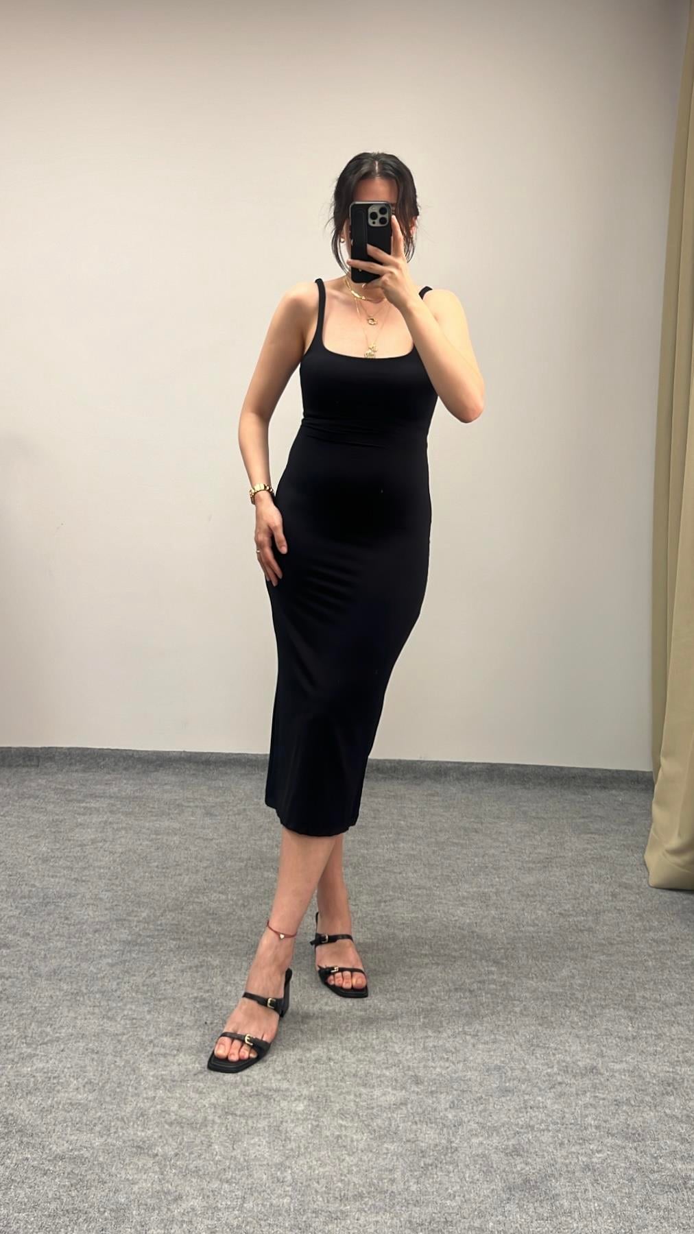 Siyah Soft Touch Kare Yaka Elbise