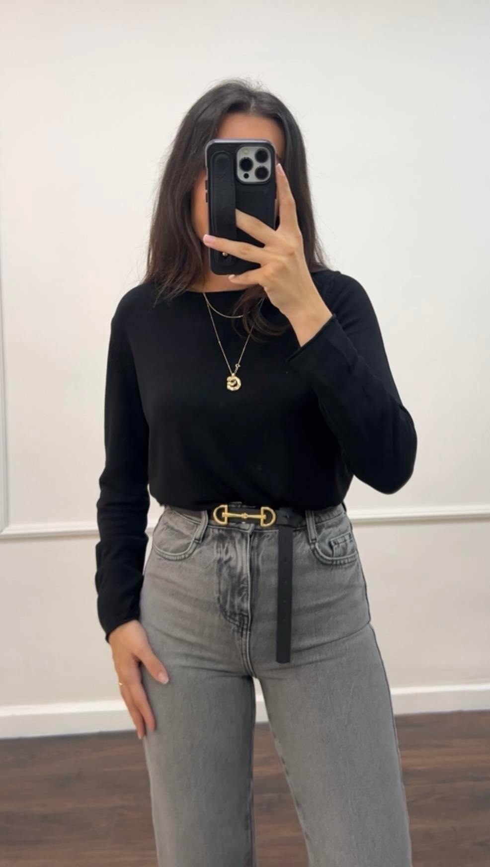 Siyah Uzun Kollu İnce Triko Bluz