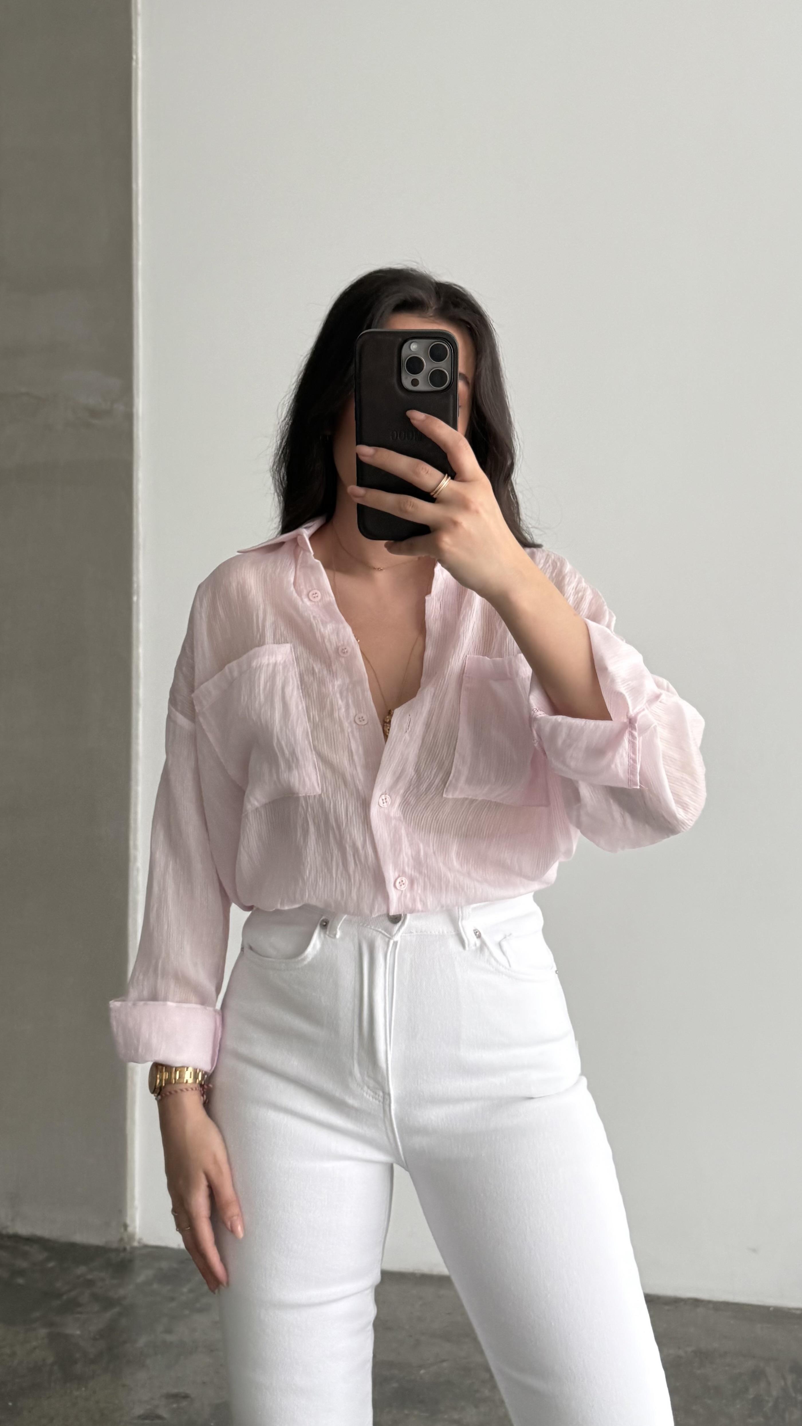 Soft Pembe Transparan Oversize Gömlek