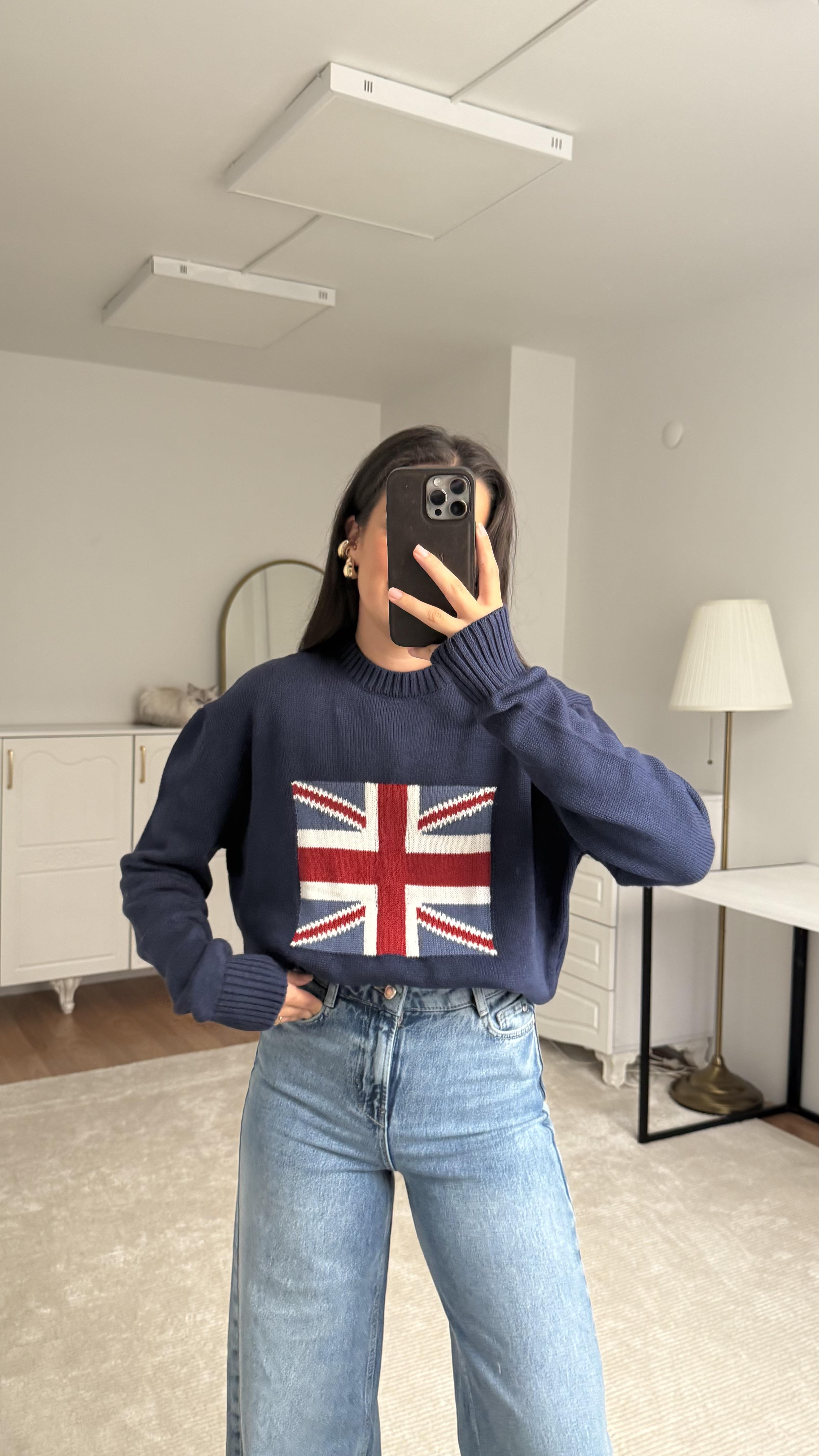 Sub Lacivert Bayrak Desenli Kazak