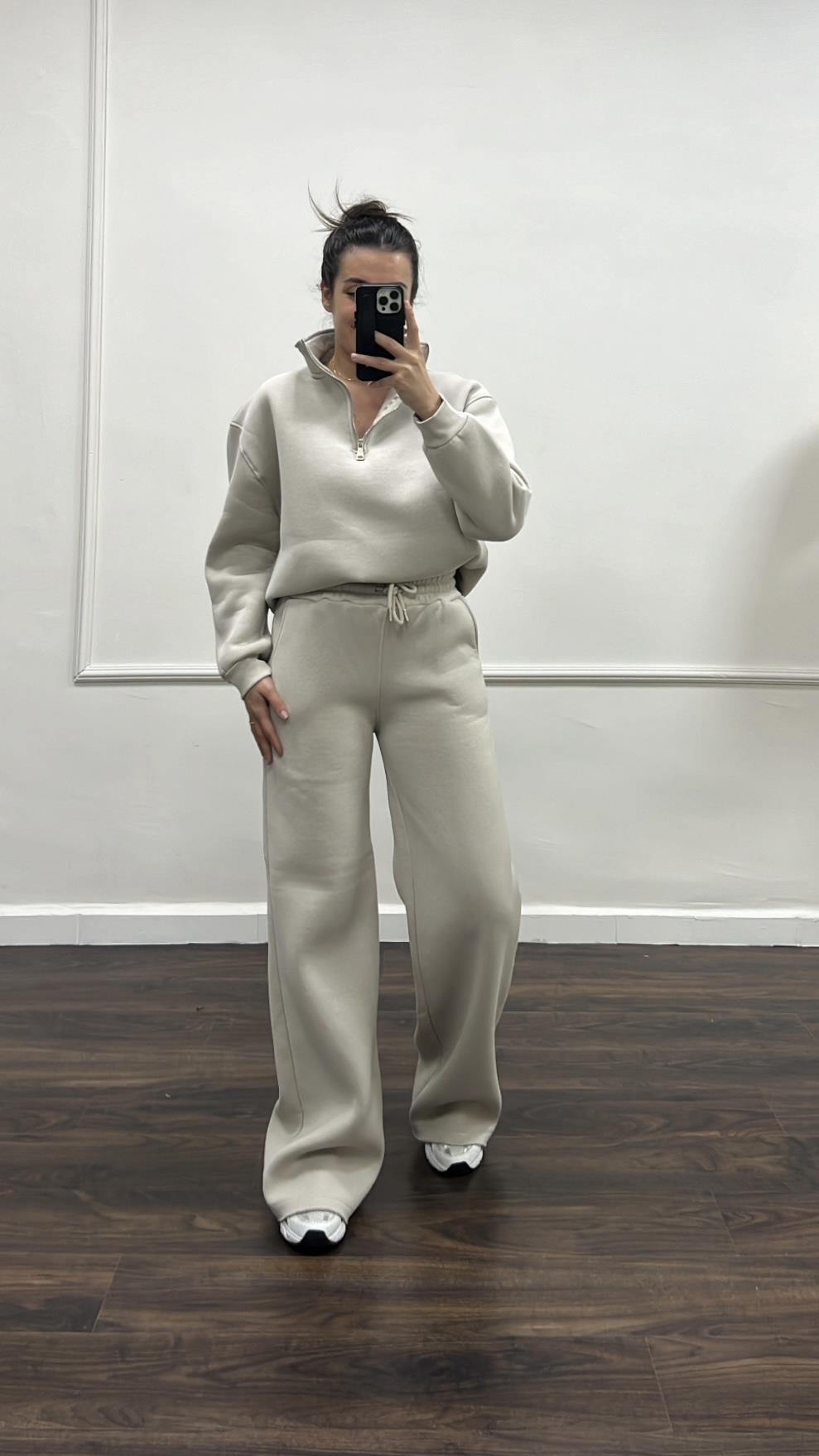 Taş Dik Yaka Sweatshirt Palazzo Pamuklu Takım