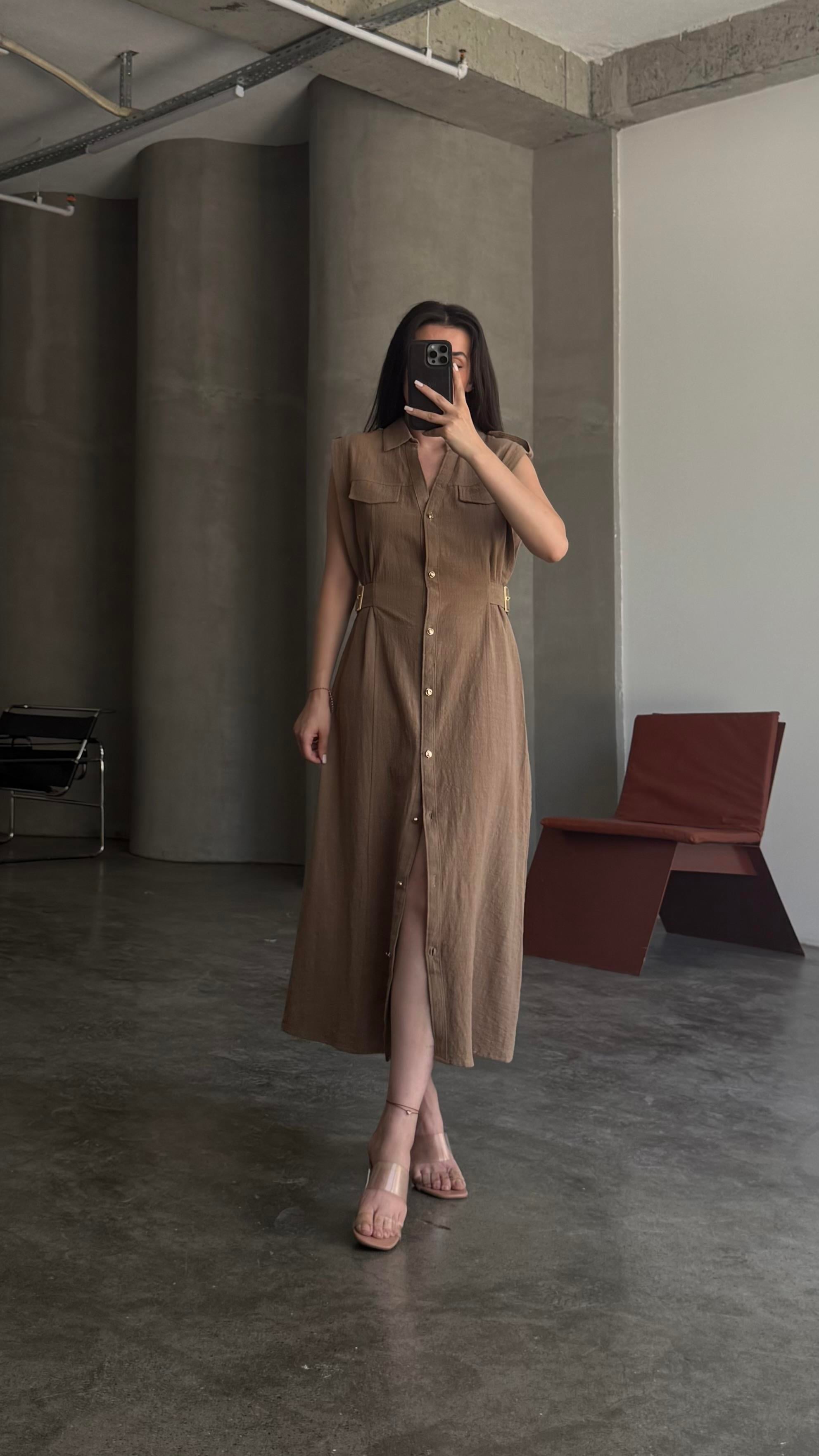 Vizon Bel Detaylı Ham Keten Elbise