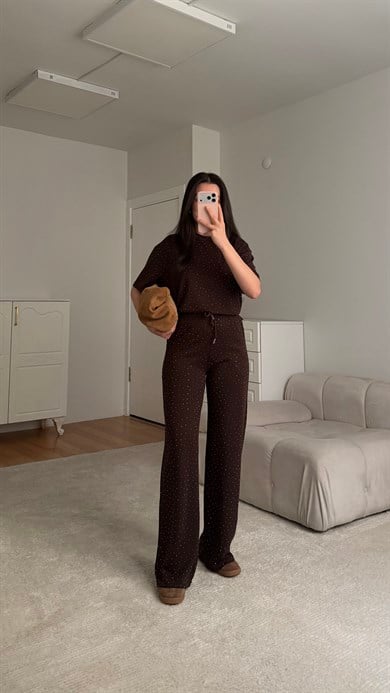 Acı Kahve Bisiklet Yaka İkili Taşlı Takım
