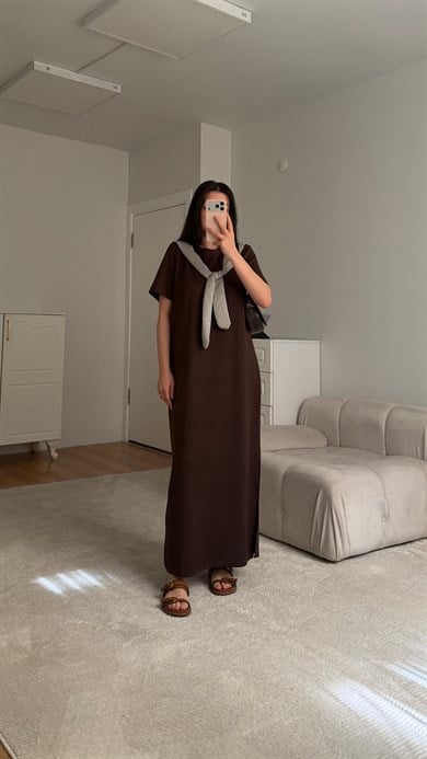 Acı Kahve  Çizgili Fular Detay Elbise