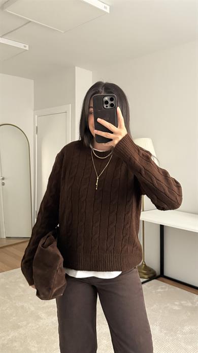 Acı Kahve Saç Örgü Premıum Triko Kazak