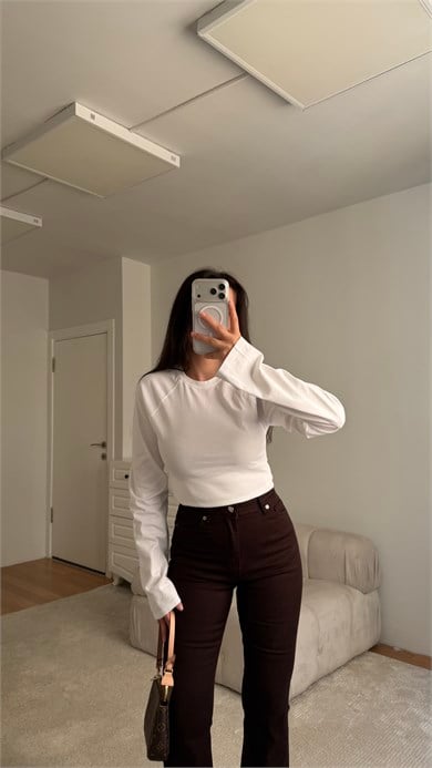 Beyaz Bisiklet Yaka Fermuarlı Dar Kesim Bluz