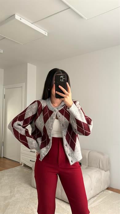 Bordo Gri Baklava Desenli Ceket Hırka