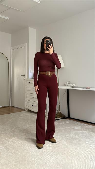 Bordo Yüksek Bel İspanyol Paça Pantolon