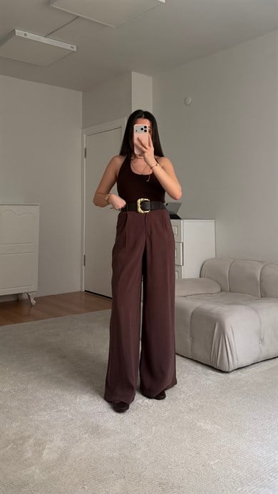 Elegant Acı Kahve Bol Paça Kemerli Pantolon