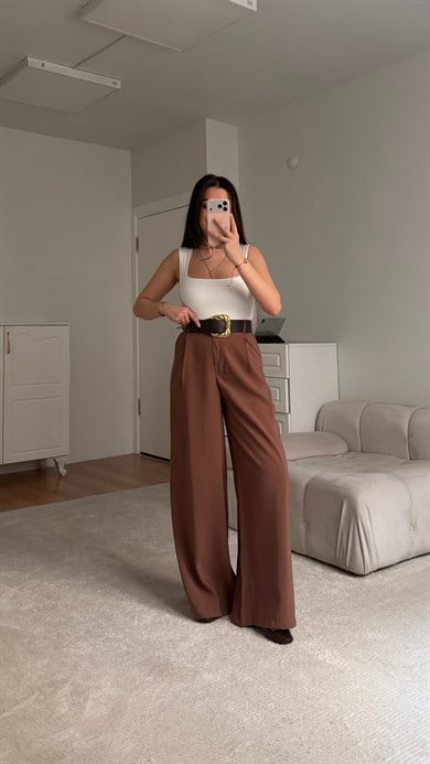 Elegant Kakao Bol Paça Kemerli Pantolon