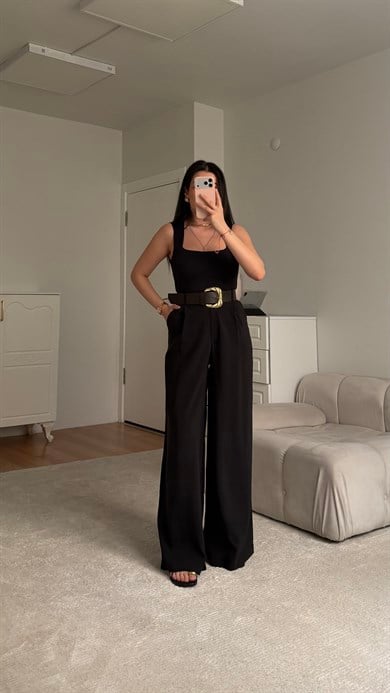 Elegant Siyah Bol Paça Kemerli Pantolon