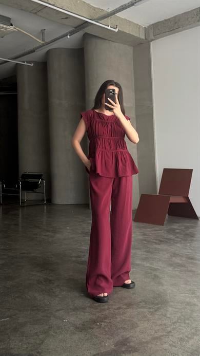 FOW Bordo Tensel Nervürlü Bluz Pantolon Takım