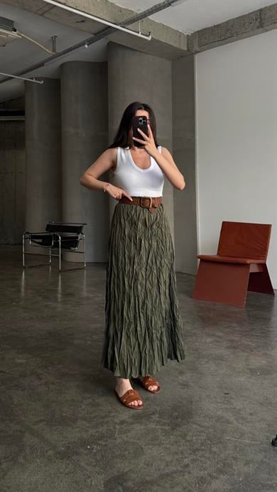 Haki Crush Kırışık Efektli Midi Etek