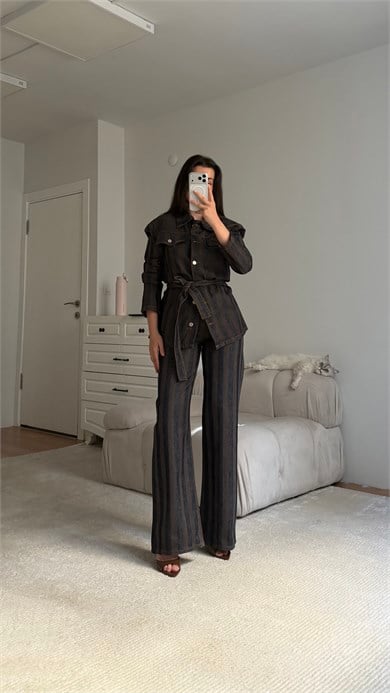 Kahve Lacivert Elegant Kemerli Denim Ceket Takım