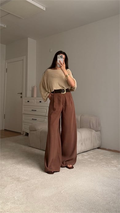 Kahve Tensel Yüksek Bel Kemerli  Pantolon