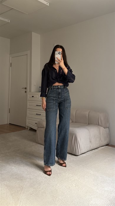 Kav Koyu Mavi Korgo Cep Detaylı Jean