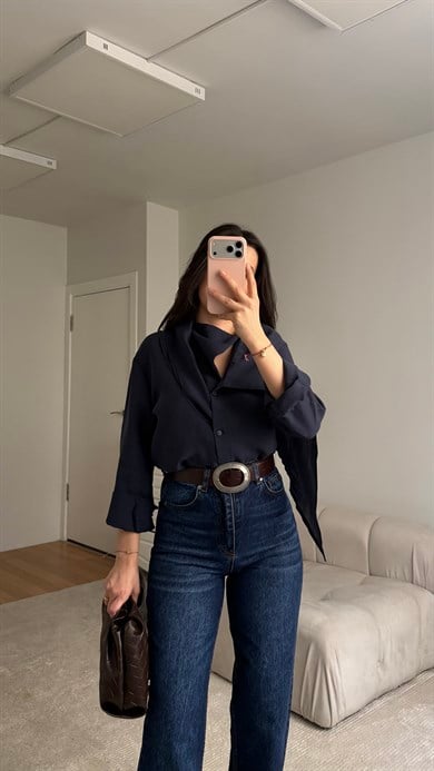 Lacivert Çizgili Şal Bağlamalı Gömlek