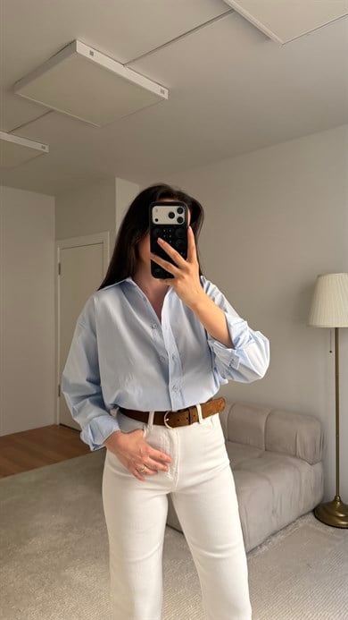 Mad Bebe Mavisi Oversize Keten Gömlek