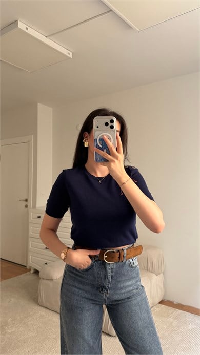 Mad Lacivert Bisiklet Yaka Kısa Kollu Triko Bluz