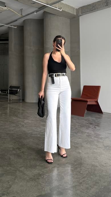Marka Beyaz Yüksek Bel Wide Leg Jean