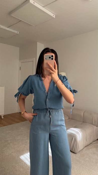 Marka Düğme Detay Tensel Denim Gömlek