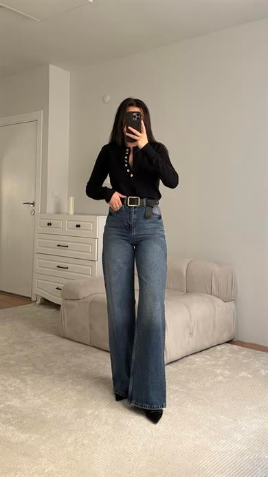 Marka Koyu Mavi Yüksek Bel Bol Paça Jean