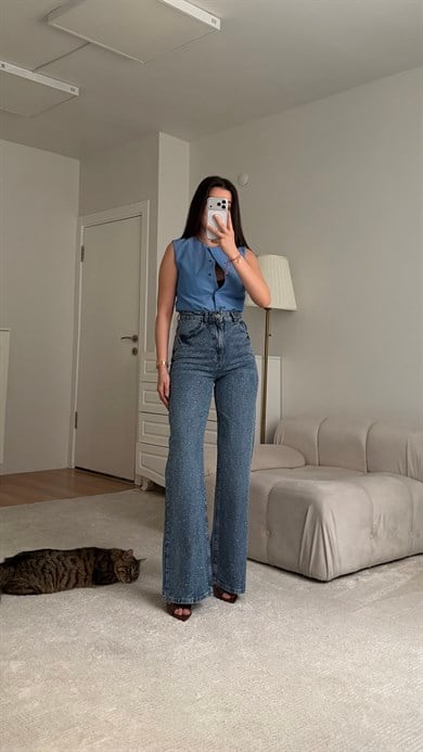 Marka Mavi Full Taşlı Premium Wide Leg Jean