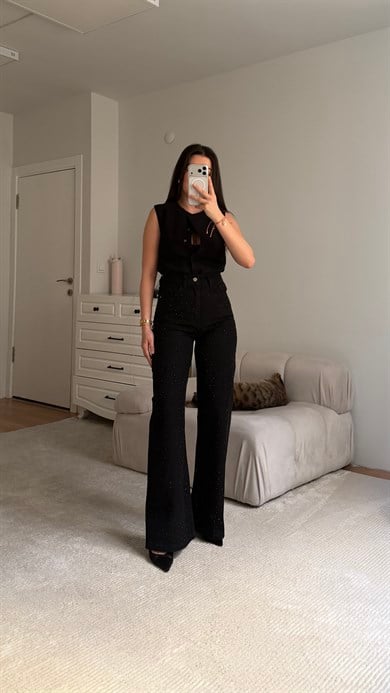 Marka Siyah Full Taşlı Premium Wide Leg Jean