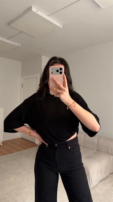 Marka Siyah Kısa Kollu Oversize Transparan Bluz 