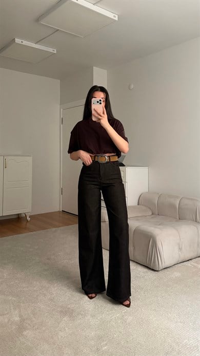 Marka Yıkamalı Acı Kahve Wide Leg Jean
