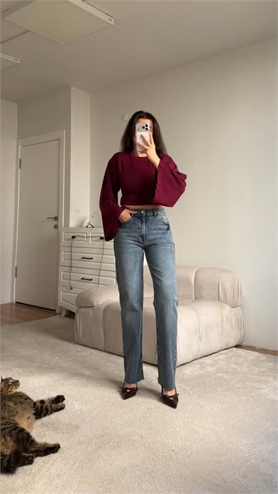 Marka Yıkamalı Açık Mavi Yüksek Bel Düz Kesim Jean