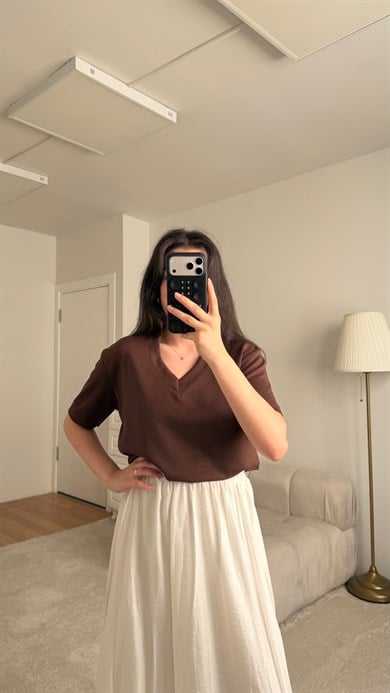 Mis Acı Kahve V Yaka Basic Bluz