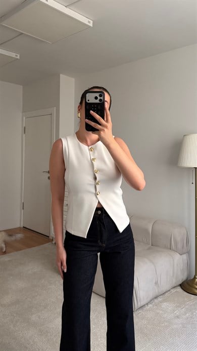 Mis Beyaz Gold Düğme Detaylı Premium Yelek 