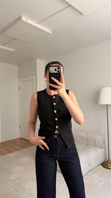 Mis Siyah Gold Düğme Detaylı Premium Yelek