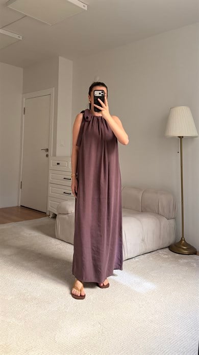 Mürdüm Tensel Yaka Bağlamalı Elbise