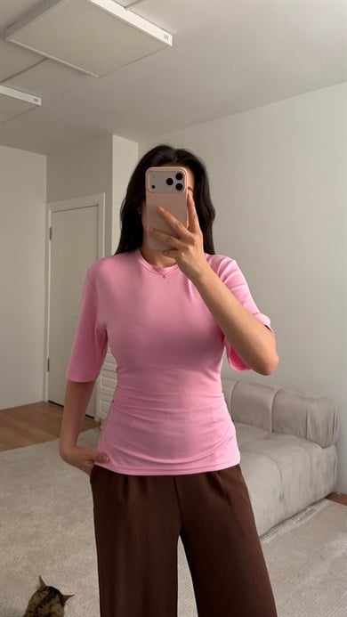Pembe Basıc Bisiklet Yaka Sırt Bağlamalı Bluz 