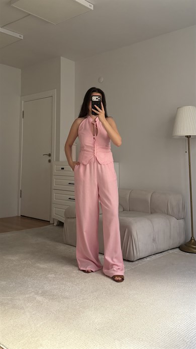 Pembe Halter Yaka Düğmeli Bluz Keten  Takım