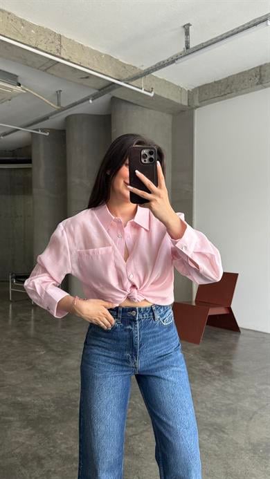 Pembe  Transparan Sırt Düğme Detaylı Gömlek