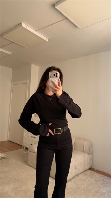 Siyah Bisiklet Yaka Fermuarlı Dar Kesim Bluz