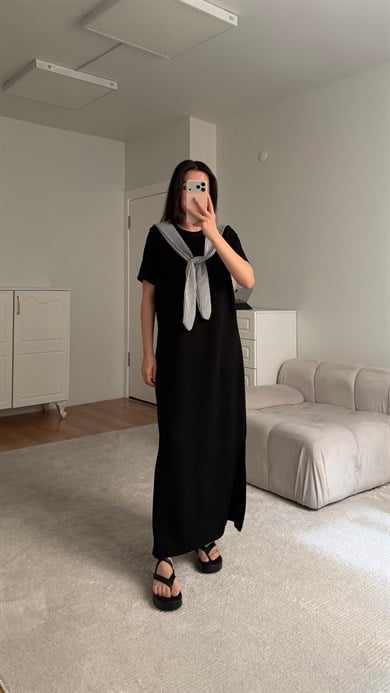 Siyah Çizgili Fular Detay Elbise