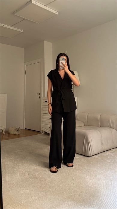 Siyah Kruvaze Yelek Pantolon Takım