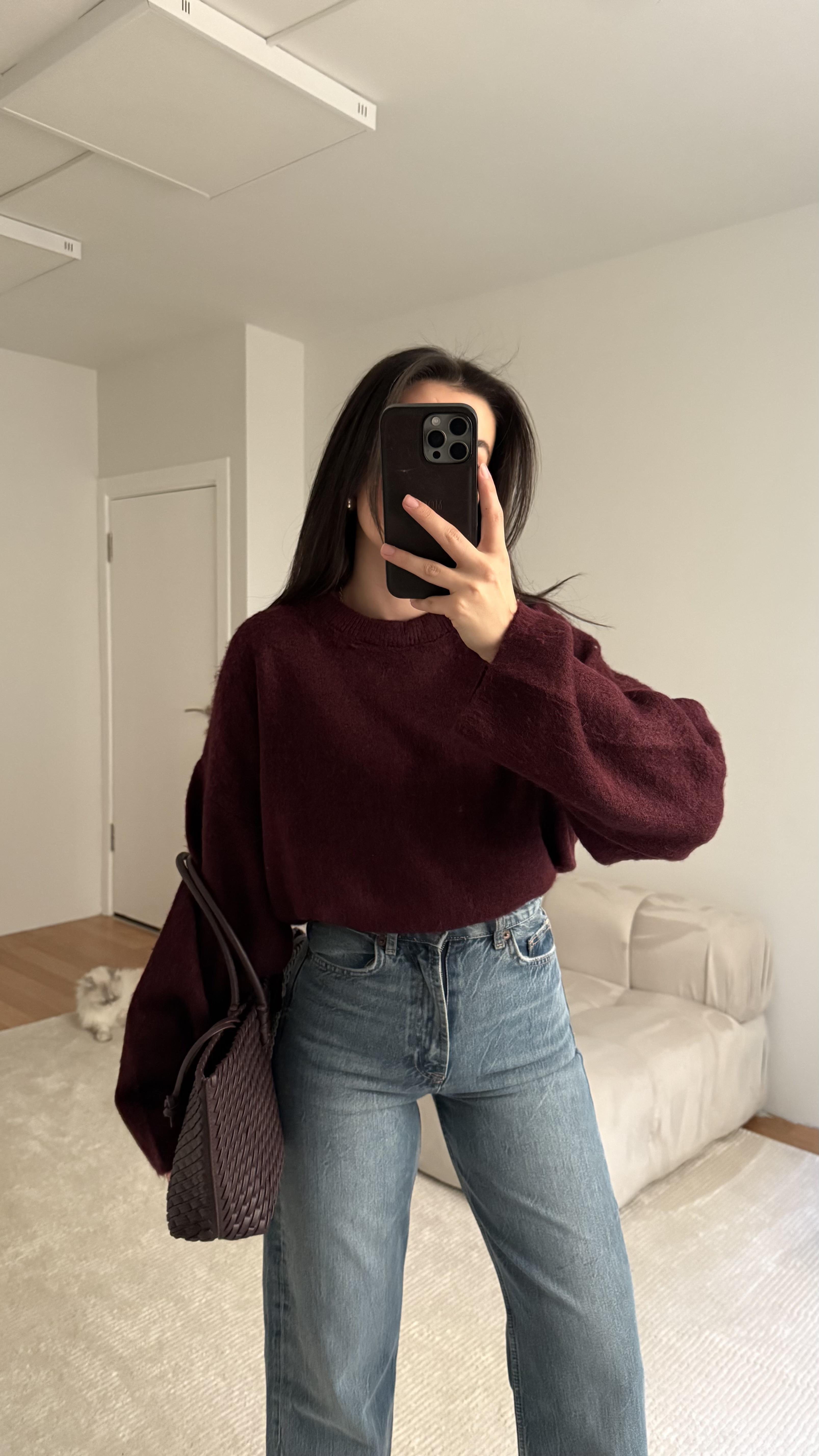  Bordo Bisiklet Yaka Balon Kol Kazak